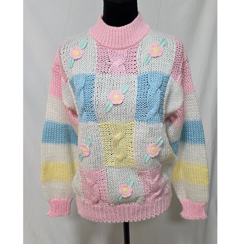 Vtg women M patchwork knit mock neck sweater floral applique grandmacore chunky